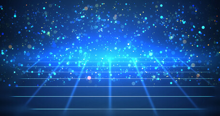 Creative grid placement with glittering shimmering particle dust flow. 3d unique particle grid technology award show achievements bg. Diminishing perspective wireframe dots cyberspace corporate.