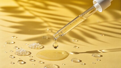 Droplet action from a pipette beauty product showcase yellow background liquid texture close-up view for visual appeal