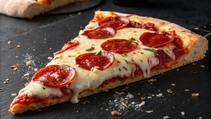 Delicious pepperoni pizza slice kitchen table food photography warm atmosphere close-up savory delight