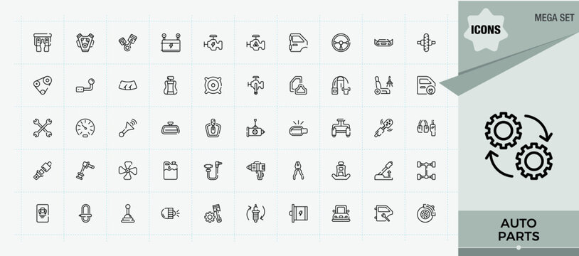 Auto Parts icon set. Contains outline symbols like part, spare, auto, automobile, service and more. Service icon collection. Trendy minimal icons. Vector artwork and illustration.