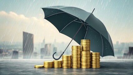 Investing in the future gold coins under umbrella in rainy cityscape financial graphic modern environment unique perspective
