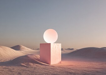 Pink cube and sphere in a pale desert landscape