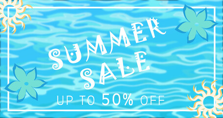 Summer sale creative cool elegant, attractive sales marketing advertisement. Greeting the joy of beaches and water, Summer season. Tropical island hotels concept, 50% off on all. 