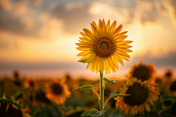 Sunflowers facing the sun in the morning light
