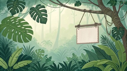 Exploring a lush jungle landscape with a blank sign tropical rainforest digital art peaceful ambiance nature