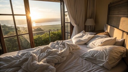 Morning serenity in a cozy bedroom overlooking a scenic landscape at sunrise natural light relaxing atmosphere inviting view