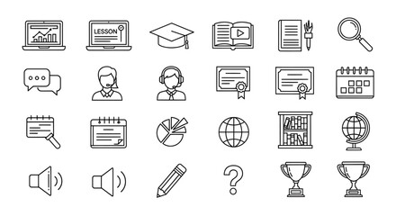 Fototapeta premium Vector icons Set of Collection of Educational and Business Icons Depicting Learning Success and Communication. Vector Illustrations