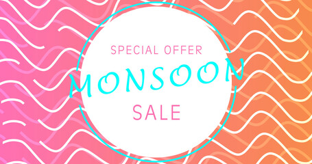Monsoon big sale promotion banner with up to 50% off  advertisement bg. Creative marketing mega sale discount offer on rainy items. Seasons sale template with cartoon text. Promo token coupon card.