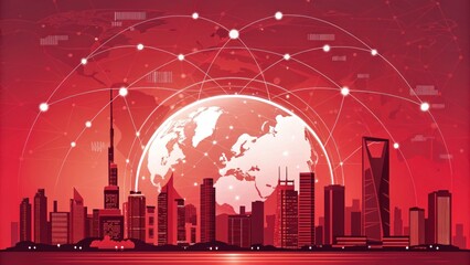 Urban tech revolution global city skyline digital art futuristic atmosphere panoramic view connectivity