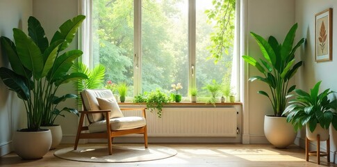 Fototapeta premium Lush green foliage fills a bright, sunlit interior space, creating a vibrant and natural atmosphere Perfect for home decor, wellness, and nature-themed projects , pattern, window, botanical