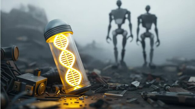 Zerst&ouml;rbare menschliche DNA wird von KI Roboter entdeckt und zerst&ouml;rt im Reagenzglas auf technischer M&uuml;llhalde. K&uuml;nstliche Intelligenz KI