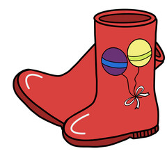 Cute red rain boots paired with colorful balloons. Playful and cheerful illustration in kawaii style.