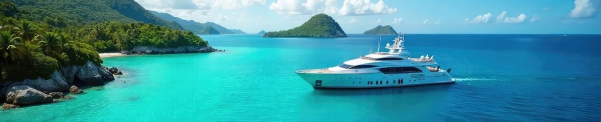 Obraz premium Luxury cruise ship at anchor in a vibrant tropical bay, surrounded by lush green islands and crystal-clear turquoise water Perfect for travel, vacation, and paradise themes , resort, ship