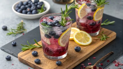 Refreshing blueberry lemonade cocktails home bar beverage photography cozy kitchen overhead view summer vibes
