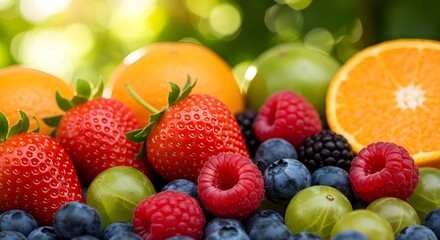 Obraz premium Assorted Fresh Fruits Still Life | Healthy Eating Concept with Vibrant Strawberries, Raspberries, Blueberries, Oranges, and Gooseberries for Food Bloggers and Nutrition Marketing