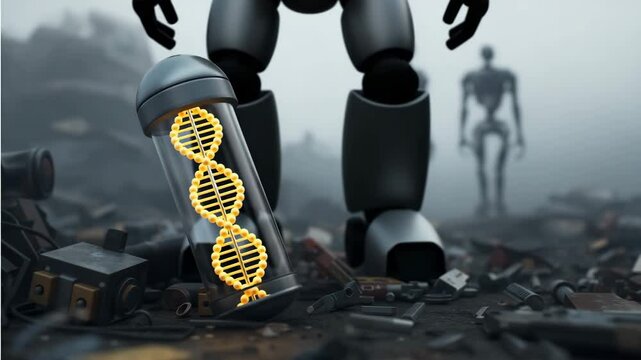 Zerst&ouml;rbare menschliche DNA wird von KI Roboter entdeckt und zerst&ouml;rt im Reagenzglas auf technischer M&uuml;llhalde. K&uuml;nstliche Intelligenz KI