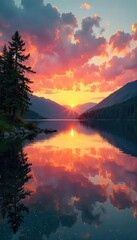 Obraz premium Serene summer lake scene at sunset Calm water reflects the warm colors of the sky Ideal for travel, nature, and vacation themes , majestic, mountains