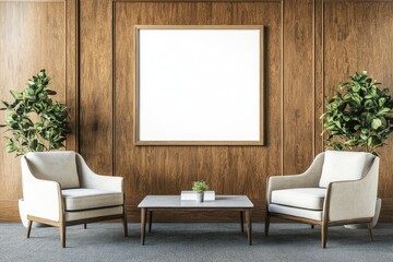 Waiting room with wooden paneling and two armchairs