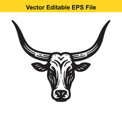 Vector illustration of a longhorn bull head, black and white style, EPS file