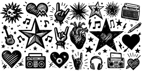 Star and Lightning Illustrations, Edgy tattoo flash designs featuring lightning bolts and skulls