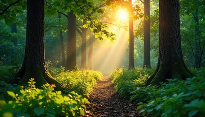 Naklejka premium Warm sunlight streams through leaves onto a forest floor, illuminating dappled shadows and lush greenery Perfect for nature, ecology, and environmental themes , natural, forest floor