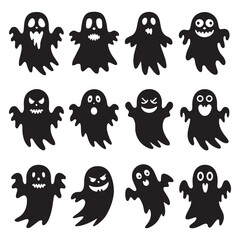 Set of Black Halloween Ghosts with Various Funny and Spooky Faces, Cartoon Vector Silhouettes for Trick or Treat, Decorations, and Kids' Designs Isolated on White Background. Halloween Ghosts vector