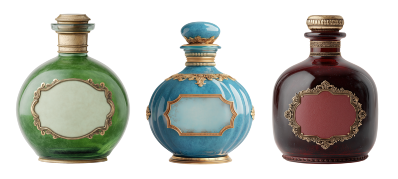 Set of Elegant Antique Potion Bottles in Green, Blue, and Red with Embossed Gold Labels Isolated on Transparent PNG