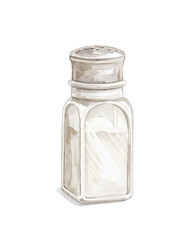 Cartoon cute cooking salt in vintage glass salt shaker with metal lid isolated on white background. Watercolor and pencil hand drawn illustration sketch