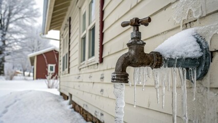 Frozen water pipe burst causes damage at residential home winter season photography snowy landscape close-up home maintenance tips