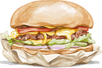 Cute cartoon burger hamburger, cutlet with vegetables in a bun fast food in wrapper isolated on white background. Watercolor hand drawn illustration sketch vector