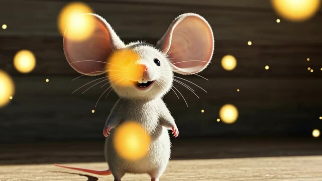 A cheerful cartoon mouse with large ears and a happy expression.