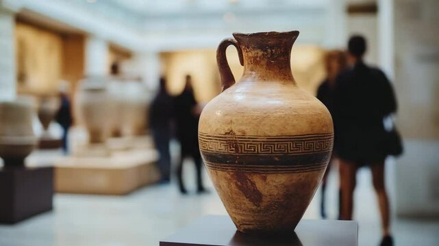 Ancient terracotta jug in museum exhibit