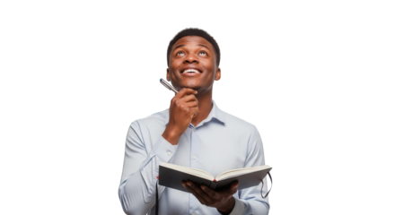 Man thinking with notebook and pen looking up for creative ideas and inspiration concept image on transparent background