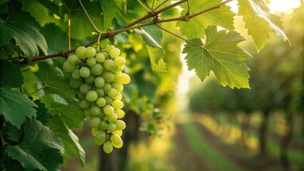 Harvesting green grapes in a sunny vineyard rural landscape nature photography early morning light
