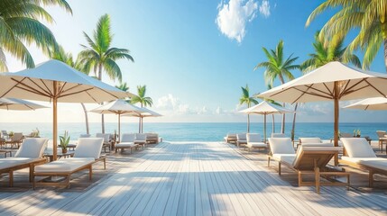 Tropical beach resort with sunshades and lounge chairs.