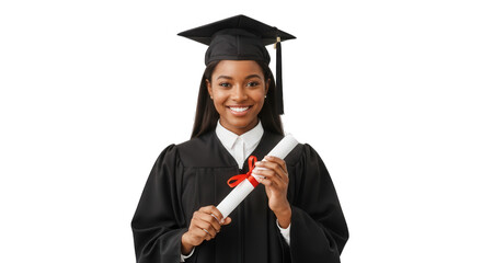 Graduation portrait of happy african american woman with diploma and cap celebrating success story on transparent background