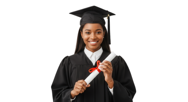 Graduation portrait of happy african american woman with diploma and cap celebrating success story on transparent background