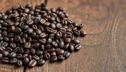 Fototapeta premium Dark roasted acorn coffee beans scattered on rustic wooden surface, coffee grounds, nature