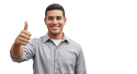 Man giving thumbs up gesture with smile for approval and success in gray shirt on black background on transparent background