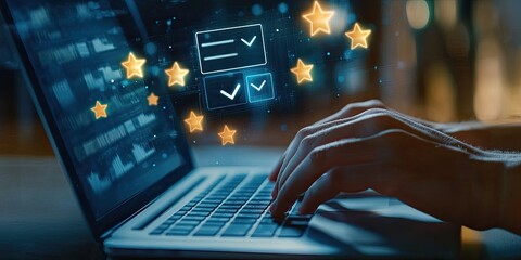 Hands typing on a laptop, glowing stars and checkboxes overlay