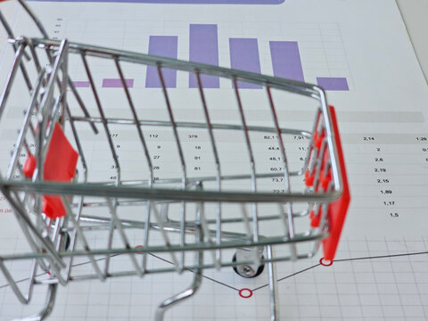 Data analysis with a shopping cart placed on a financial report highlighting key statistics and trends - Powered by Adobe
