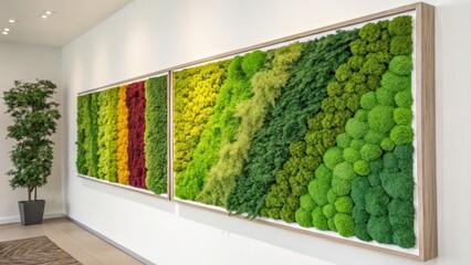 Vibrant green wall art installation modern office space contemporary design indoor environment wide angle nature-inspired aesthetics