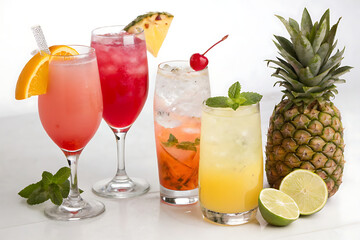 Fototapeta premium Assorted colorful cocktails with fruit garnishes and pineapple on a white surface backdrop view