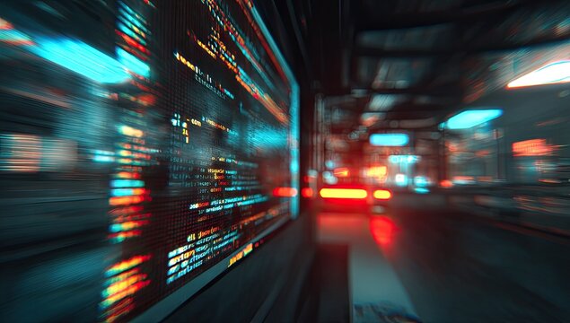 Blurred, night cityscape view through a screen displaying fast-moving code