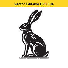Vector illustration of a sitting rabbit, black silhouette on white background, editable EPS file