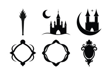 A collection of elegant black and white vector illustrations of fairytale elements