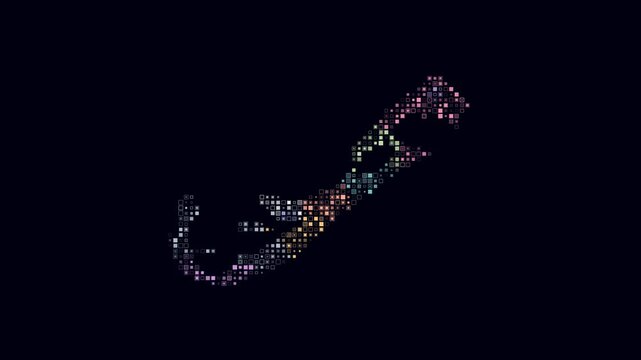 Bermuda dotted animation. Shape of the country build of pulsating colored dots. Small size square blocks. Digital style map on dark background. Plain video.