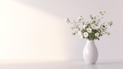 White wildflowers in ceramic vase. A white ceramic vase holds a bouquet of small white wildflowers with green leaves, set against a softly lit neutral background