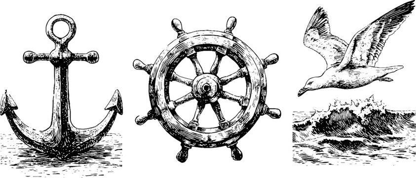 Fototapeta Nautical elements collection with anchor, ship wheel, and crashing wave