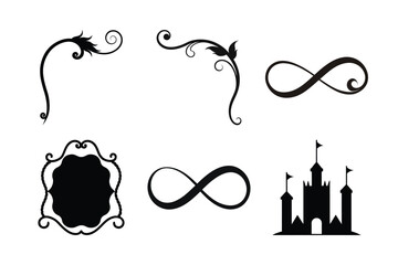 Collection of elegant design elements: infinity symbols, ornate frames, and a majestic castle illustration.
